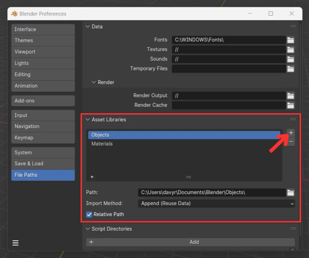 configuration du chemin du dossier pour stocker les assets dans Blender