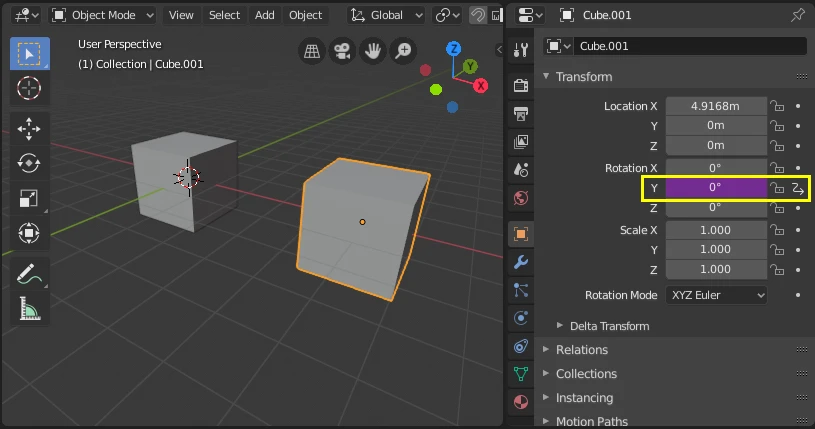 Exemple de drivers dans Blender avec 2 cubes