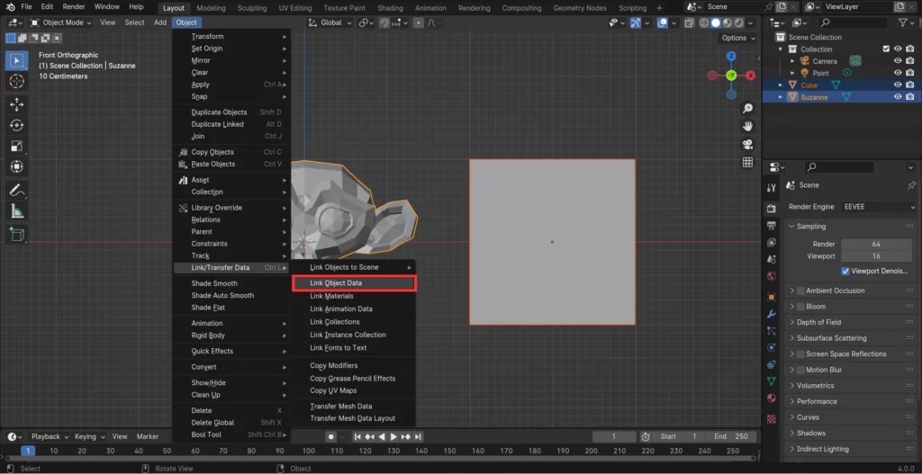 Données du modèle Suzanne transférées à un cube dans Blender