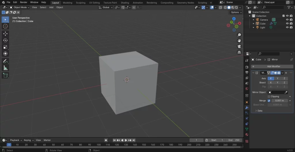 ajout du mirror modifier dans Blender