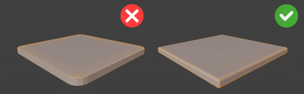 Comparaison de l’effet du Blender tool avant et après l’application de l’échelle d'un objet aplati dans Blender