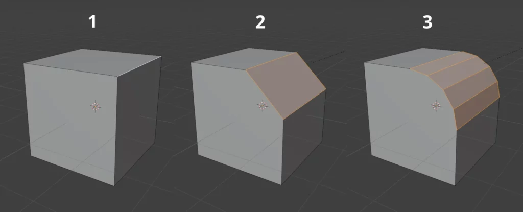 Les différentes étapes de l'application du Bevel tool dans Blender