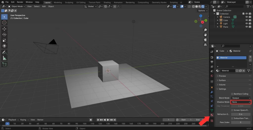 l'ombre du cube désactivé dans Blender pour le moteur de rendu Eevee