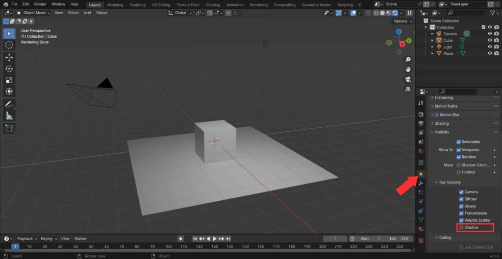 l'ombre du cube désactivé dans Blender pour le moteur de rendu Cycles