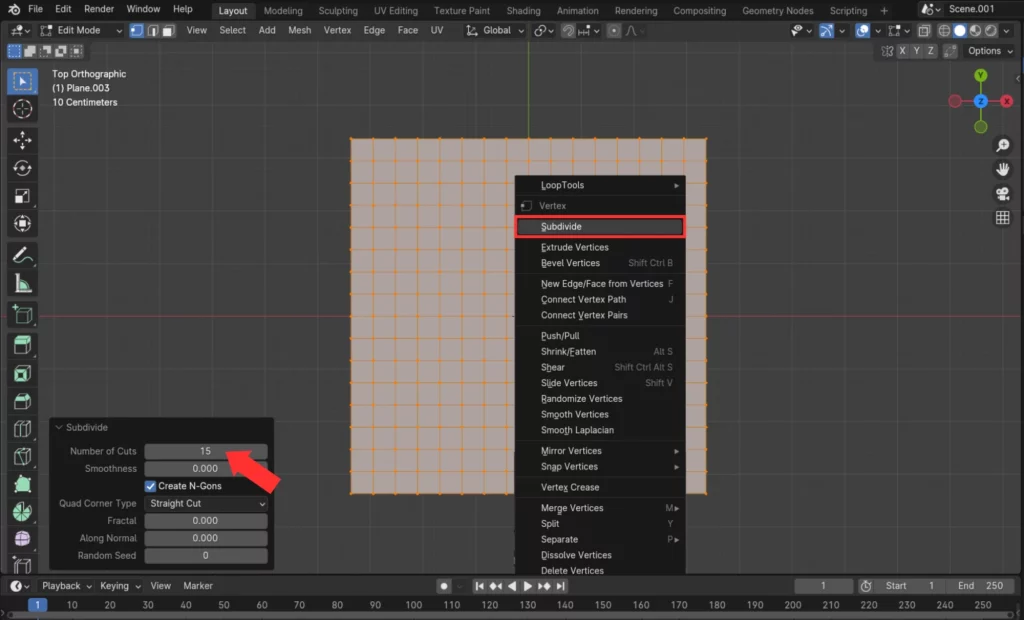 subdivide a plane in blender