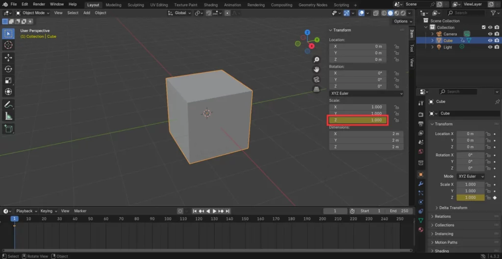 Insertion d’une clé d’animation sur l’échelle Z du cube.