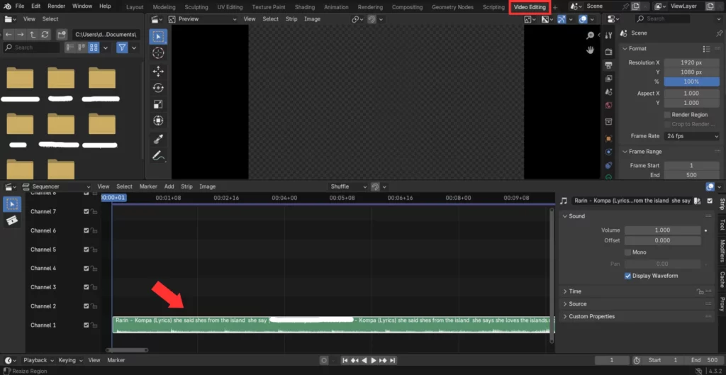 Ajout du fichier audio dans le Video Sequencer de Blender.