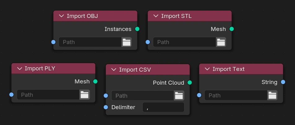 nodes d'importation de fichiers disponibles dans blender 4.5