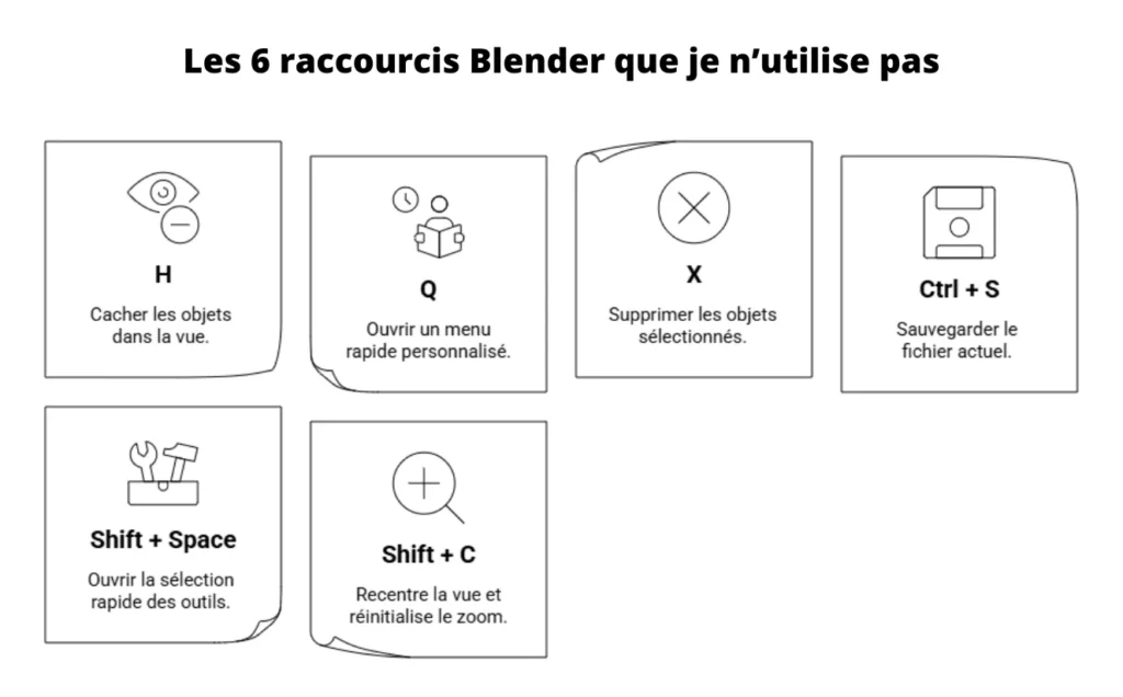 Illustration des 6 raccourcis Blender que je n’utilise pas