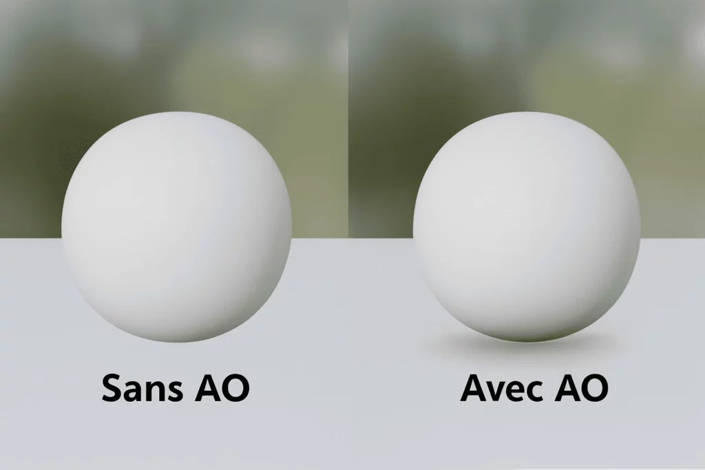 Comparaison entre une sphère sans Ambient Occlusion et avec Ambient Occlusion