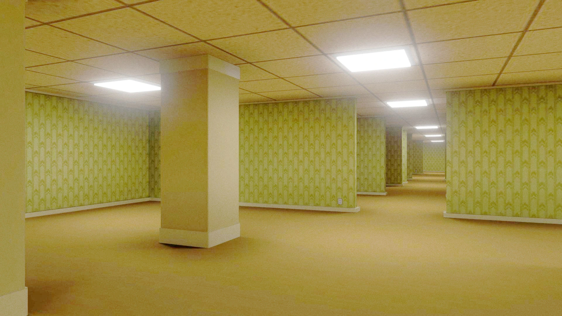 Modélisation 3D des Backrooms illustrant un espace liminaire avec tapis humide et papier peint jaunâtre