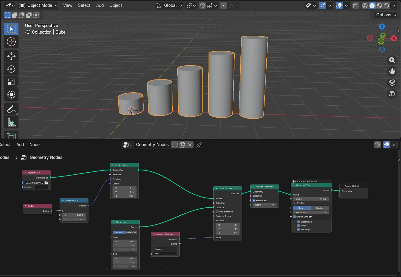 Vue 3D viewport montrant un graphique en barres généré par un arbre de Geometry Nodes.