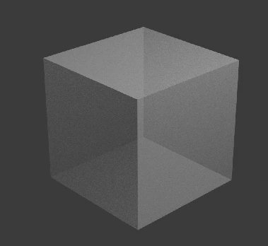Rendu 3D d'un cube gris semi-transparent présentant un aspect granuleux dans le viewport de Blender.