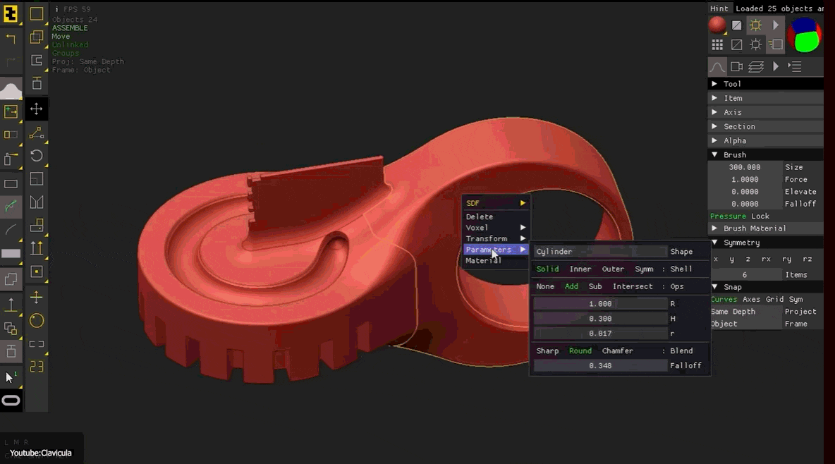 Interface du logiciel de sculpture 3D montrant les paramètres SDF et le viewport avec un objet complexe