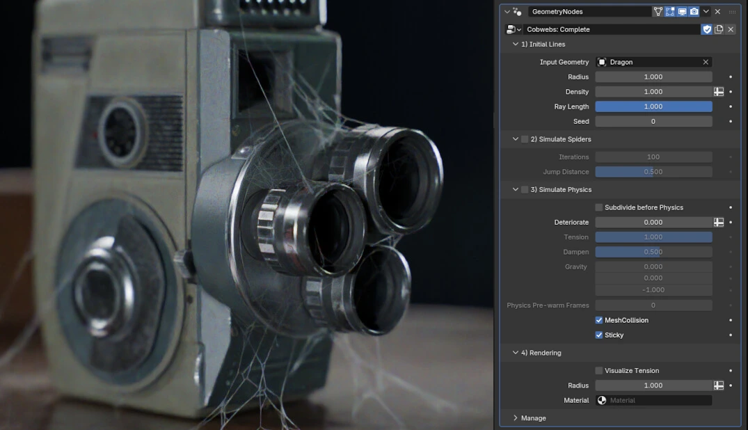 Interface de Geometry Nodes dans Blender à côté d'un rendu 3D de caméra ancienne enrubannée de toiles