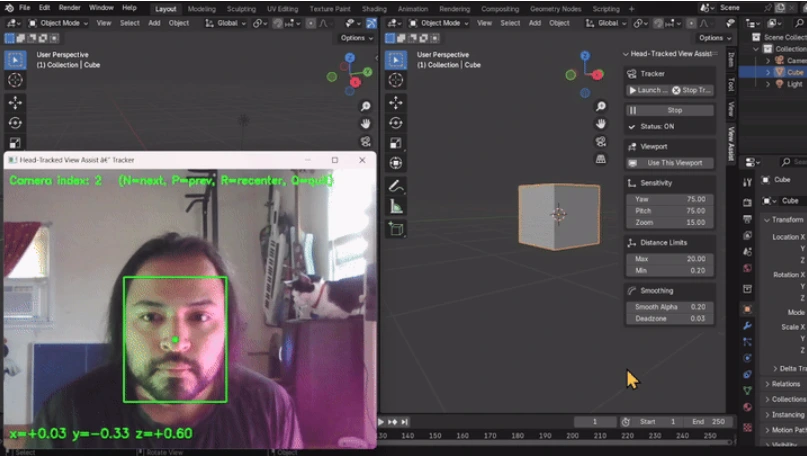 Démonstration du head tracking en temps réel dans Blender