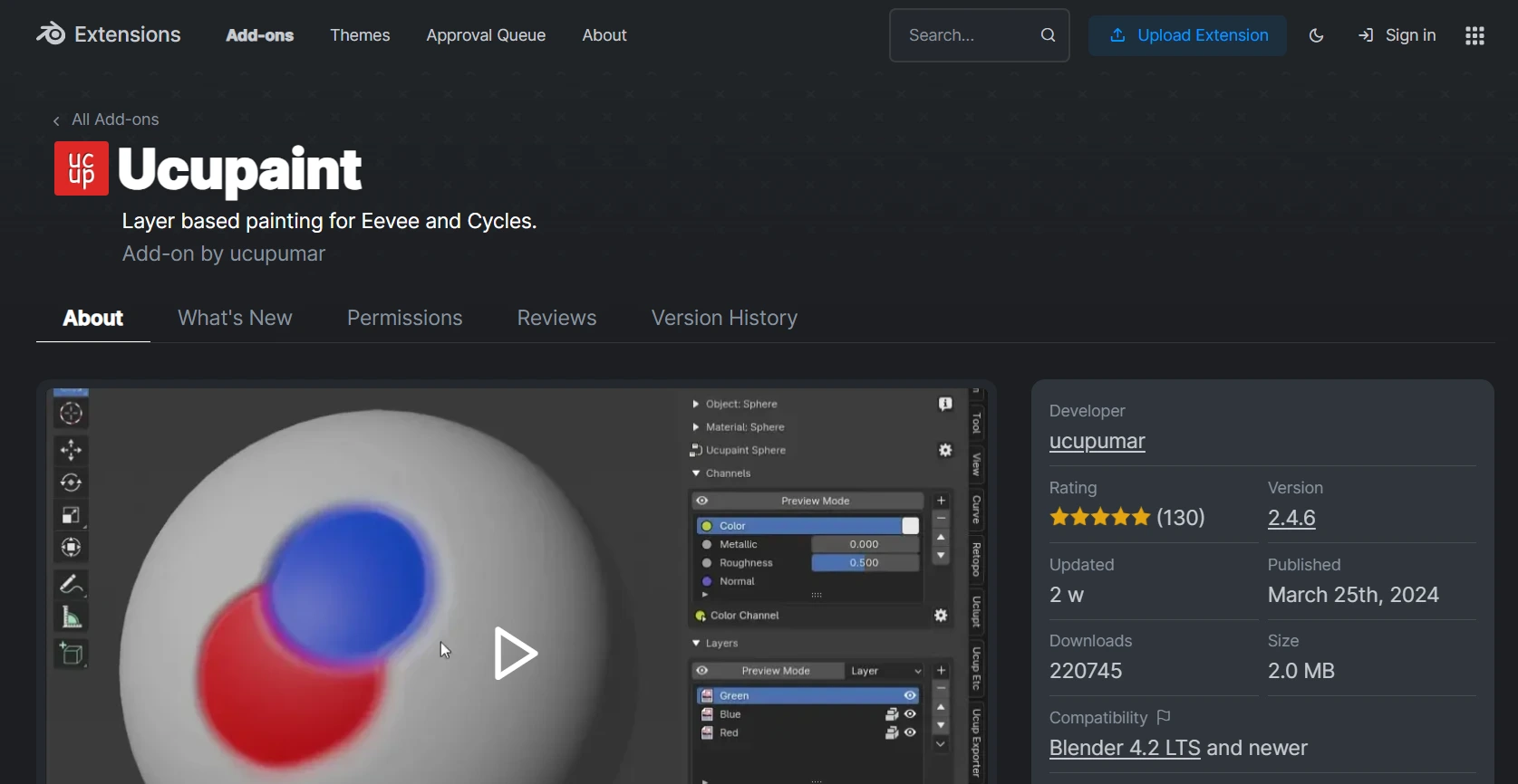 Interface de l'extension Ucupaint montrant la gestion des calques dans le viewport de Blender.