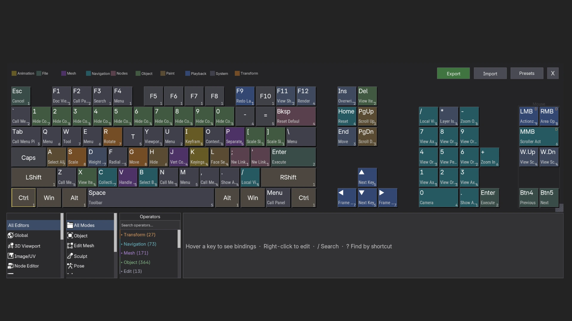 Interface de visualiseur de touches de clavier pour Blender affichant les raccourcis par catégories colorées