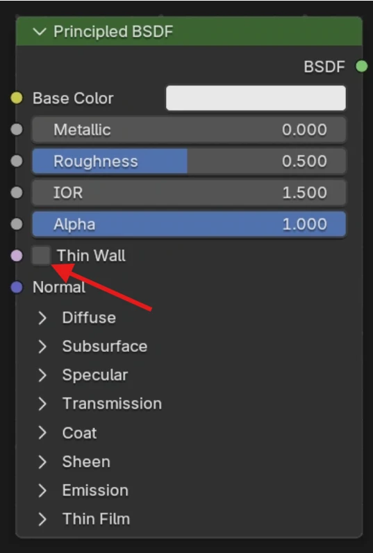 Interface du node Principled BSDF dans Blender mettant en valeur l'option Thin Wall.