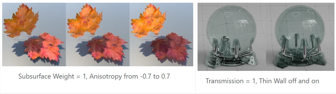 Comparatif de rendu dans Blender montrant les effets de Subsurface et de Transmission Thin Wall.