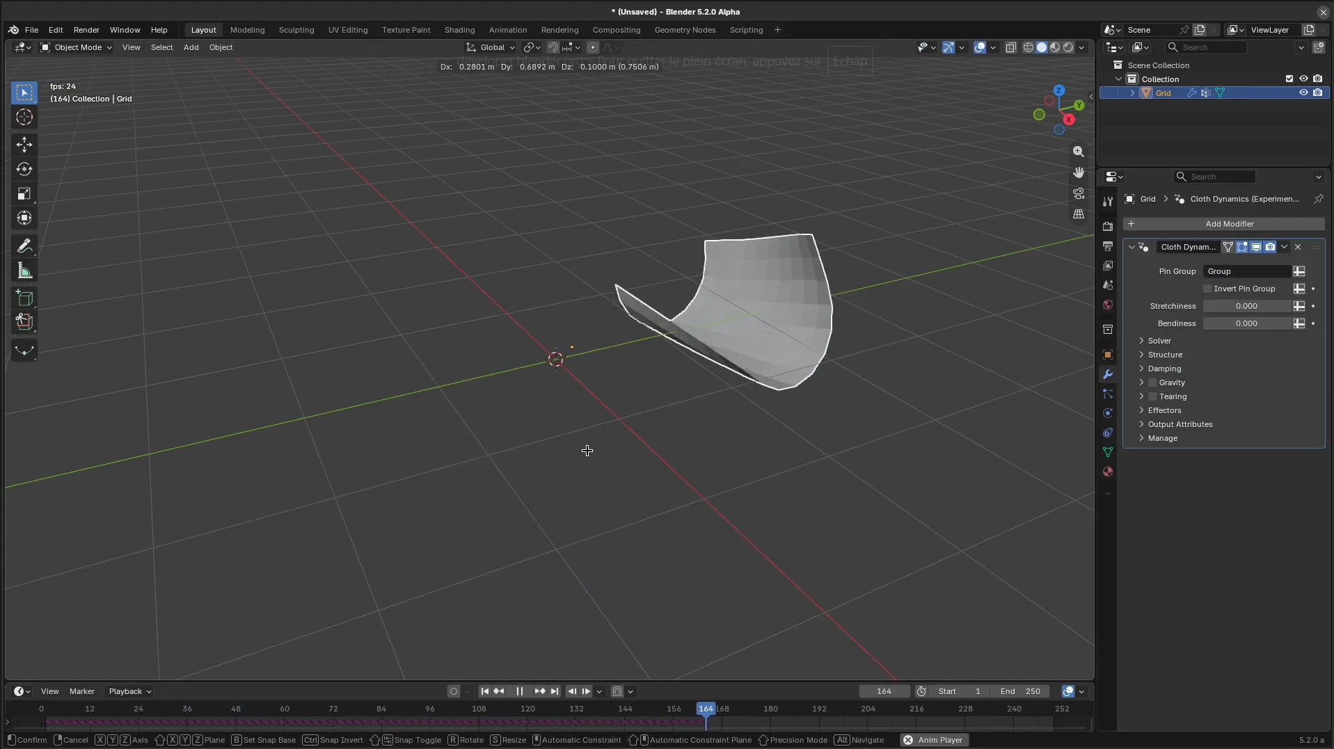 Interface de Blender montrant une simulation de tissu dans le 3D viewport avec modificateurs.