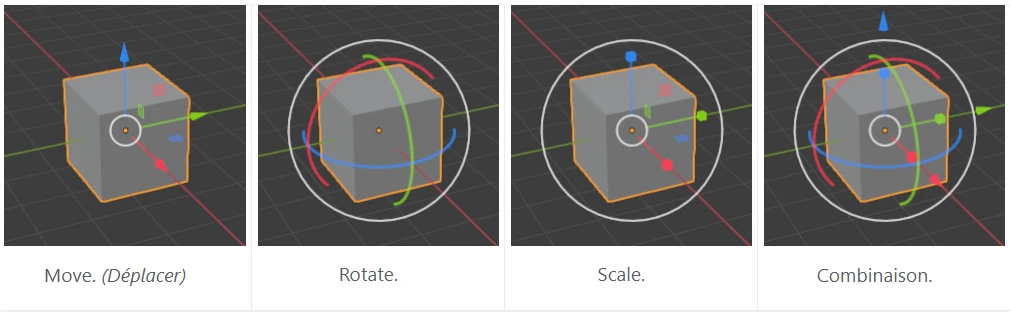 Interface 3D du viewport montrant les gizmos de déplacement, rotation et mise à l'échelle