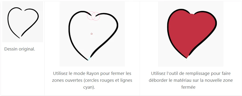 Interface du viewport Blender illustrant l'outil Grease Pencil et le mode rayon pour le remplissage