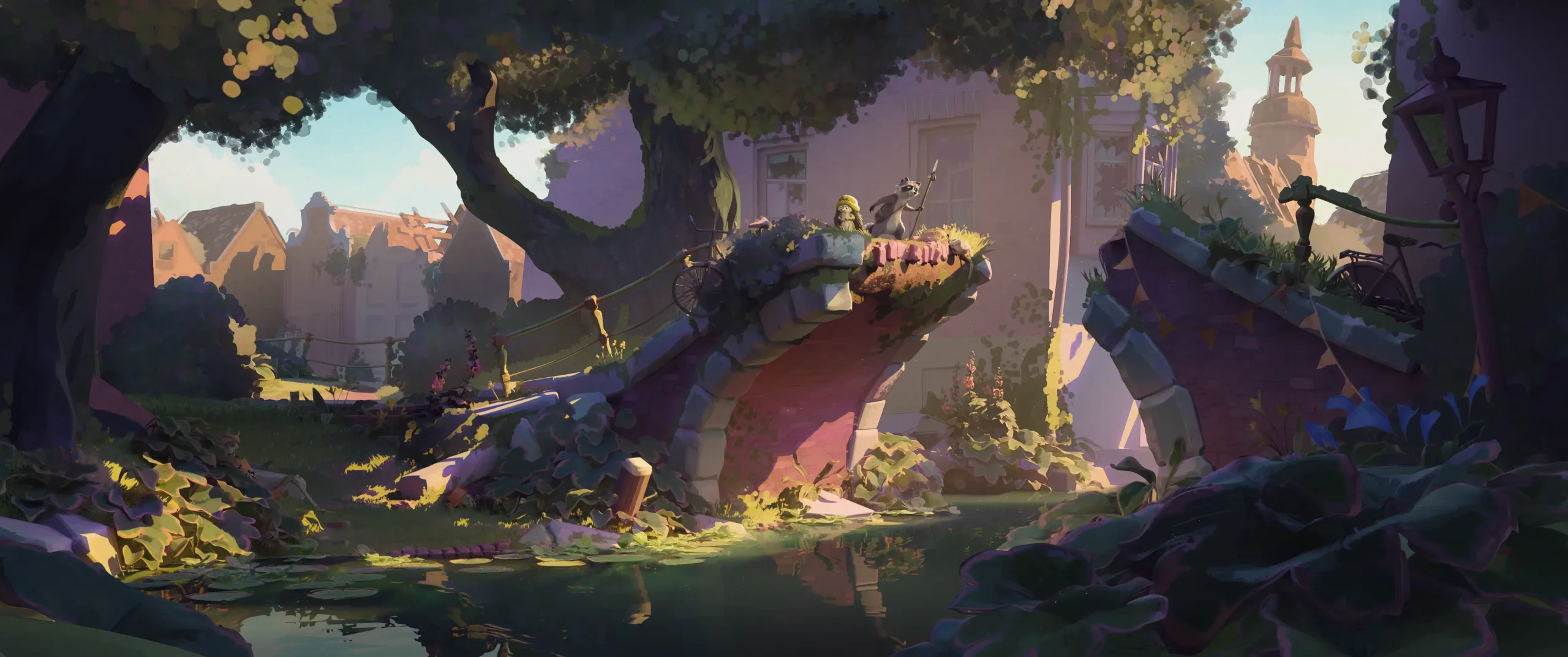 Rendu 3D stylisé d'un pont brisé dans un décor de village, modélisé sur Blender.