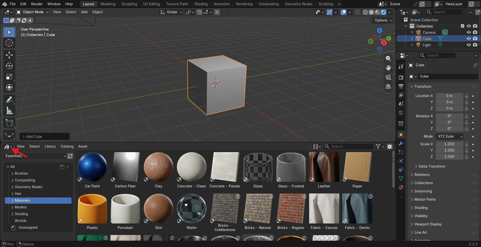 Interface Blender montrant le 3D viewport et le panneau Asset Browser avec des matériaux.