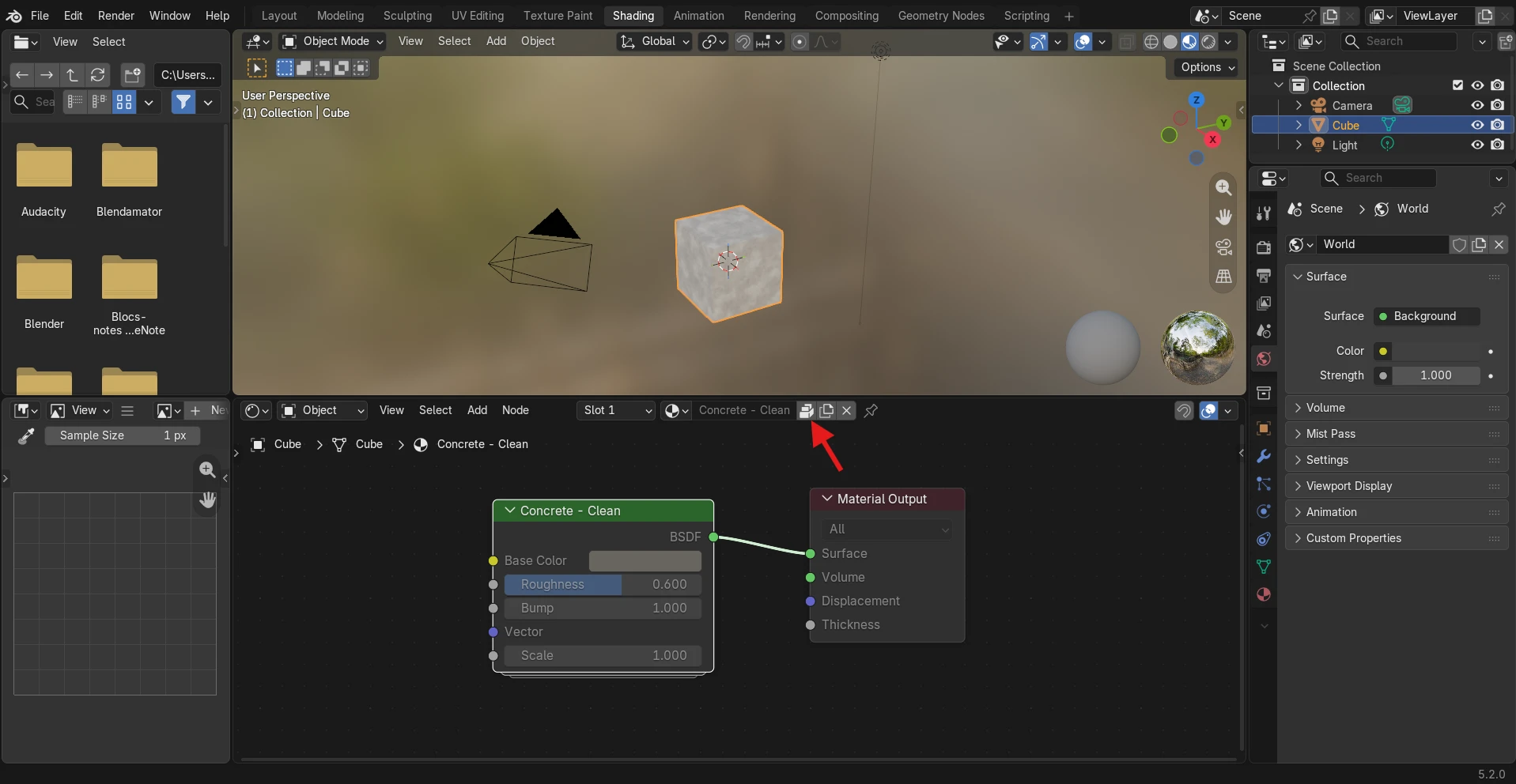 Interface Blender avec 3D viewport et Shader Editor affichant des nodes de matériau.