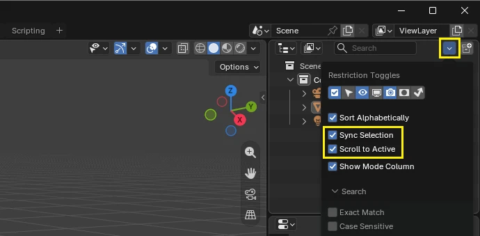 Interface Blender montrant les options Sync Selection et Scroll to Active dans le menu Outliner